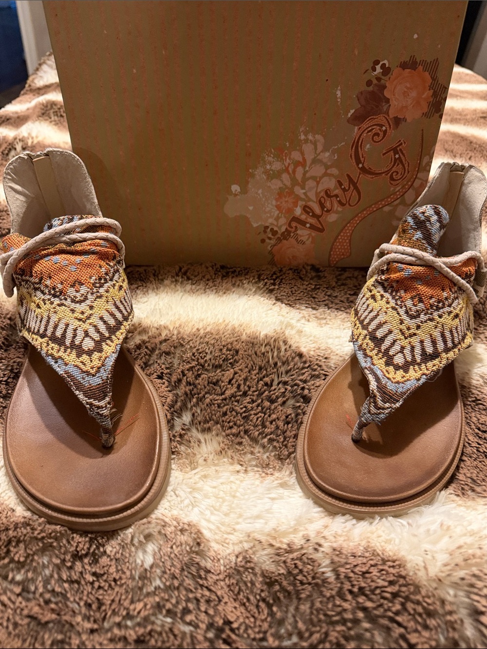 Very G Brown Tan Multi-Color Boho Thong Sandals